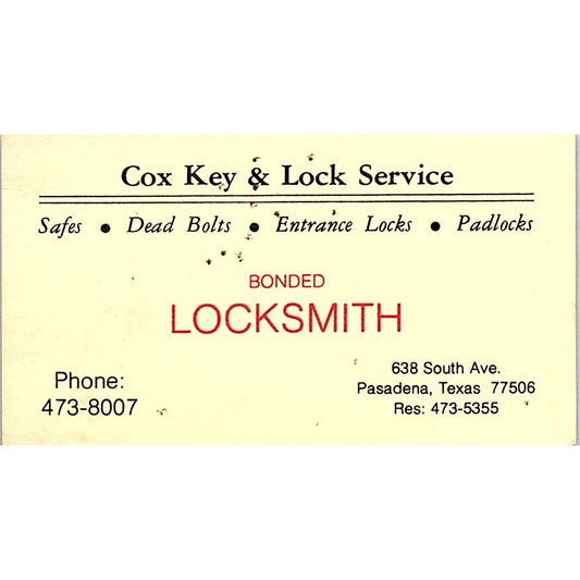 Cox Key & Lock Service Locksmith Pasadena TX Vintage Business Card SC9-B5