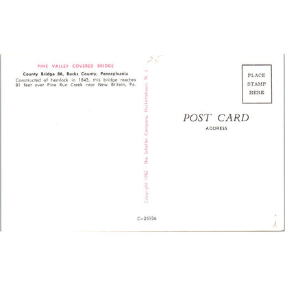 Pine Valley Bridge Bucks County PA Covered Bridge Postcard PC5