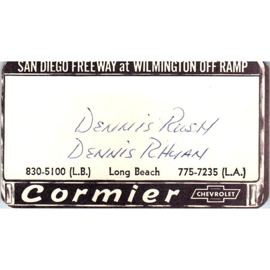 Dennis Rush Dennis Rhyan Cormier Chevrolet San Diego Vtg Business Card SE3-B7