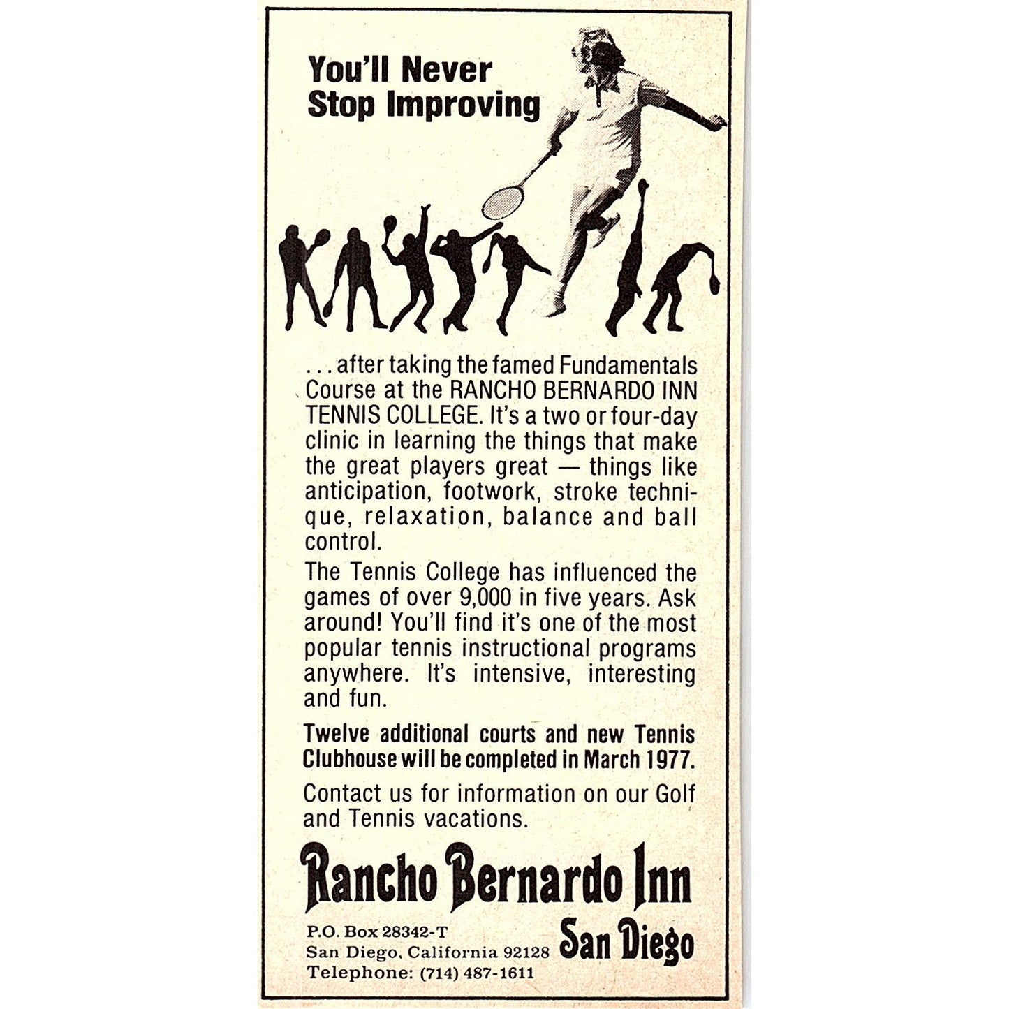 Rancho Bernardo Inn Tennis College San Diego CA 1977 Ad AF3-Q1