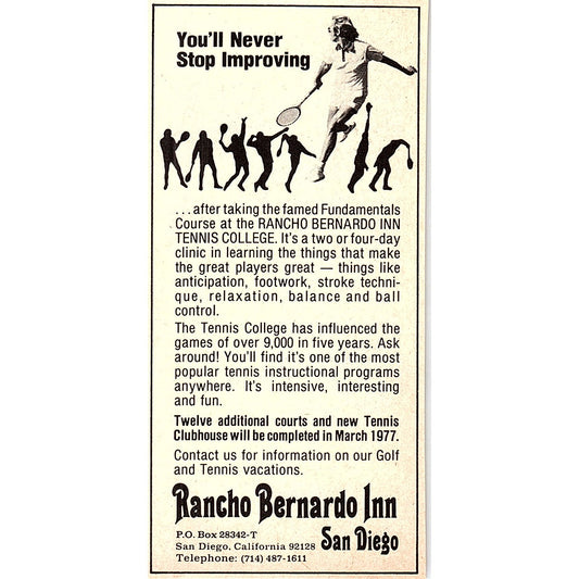 Rancho Bernardo Inn Tennis College San Diego CA 1977 Ad AF3-Q1