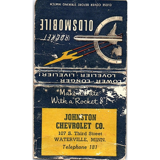 Oldsmobile Rocket Johnson Chevrolet Waterville MN Vintage Matchbook Cover SC7-Y3