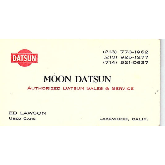Ed Lawson Moon Datsun Lakewood CA Vintage Business Card SD9-B9