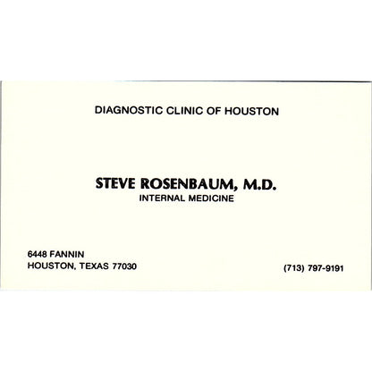 Steve Rosenbaum Internal Medicine Houston Texas Vintage Business Card SB4-B1