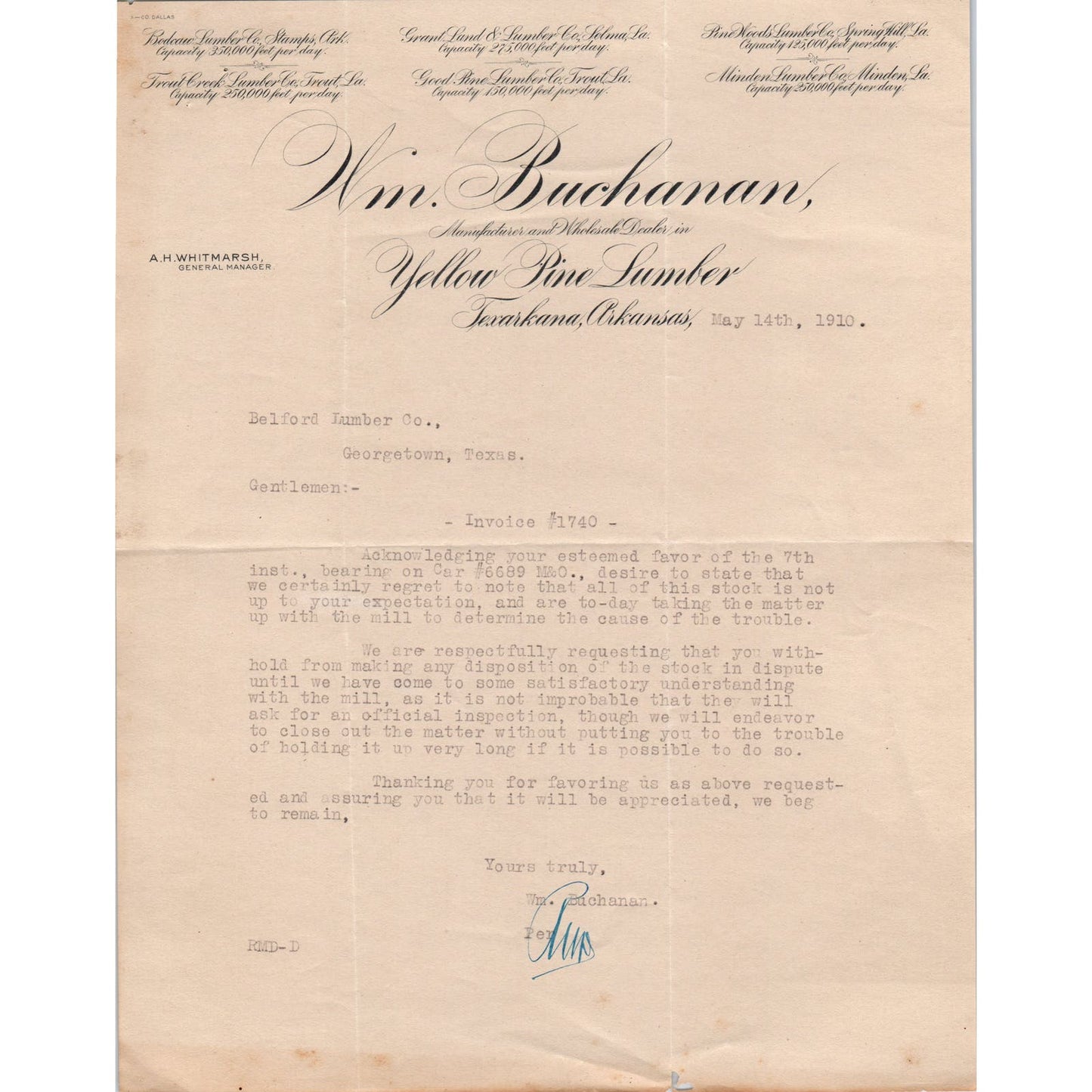 1910 Wm. Buchanan Yellow Pine Lumber Texarkana AR Billhead Letterhead D17-1