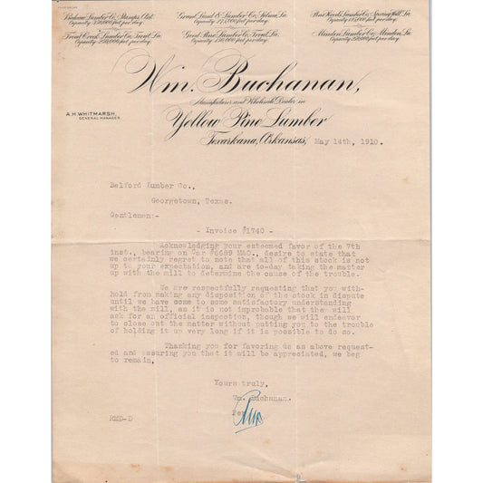 1910 Wm. Buchanan Yellow Pine Lumber Texarkana AR Billhead Letterhead D17-1