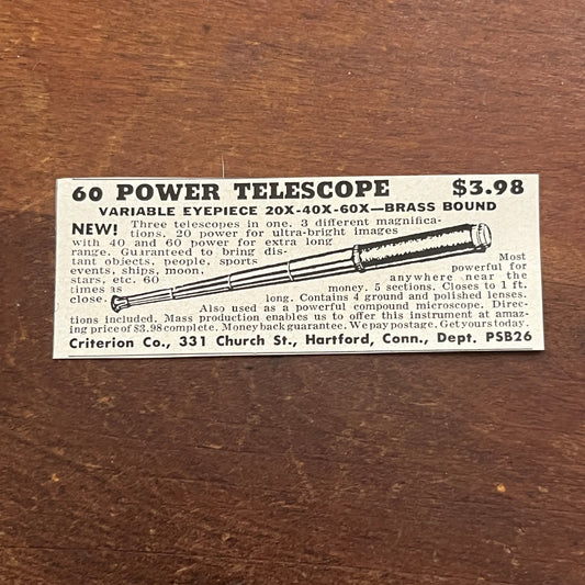 60 Power Telescope Criterion Co Hartford CT 1955 Ad AF9-S1