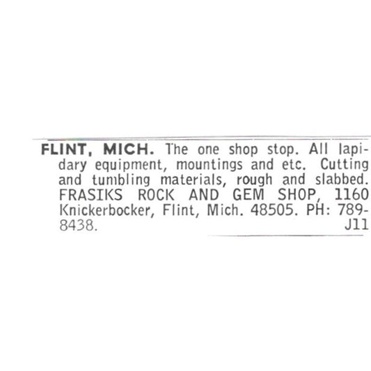 Frasiks Rock and Gem Shop Flint Michigan 1972 Ad AF8-S26