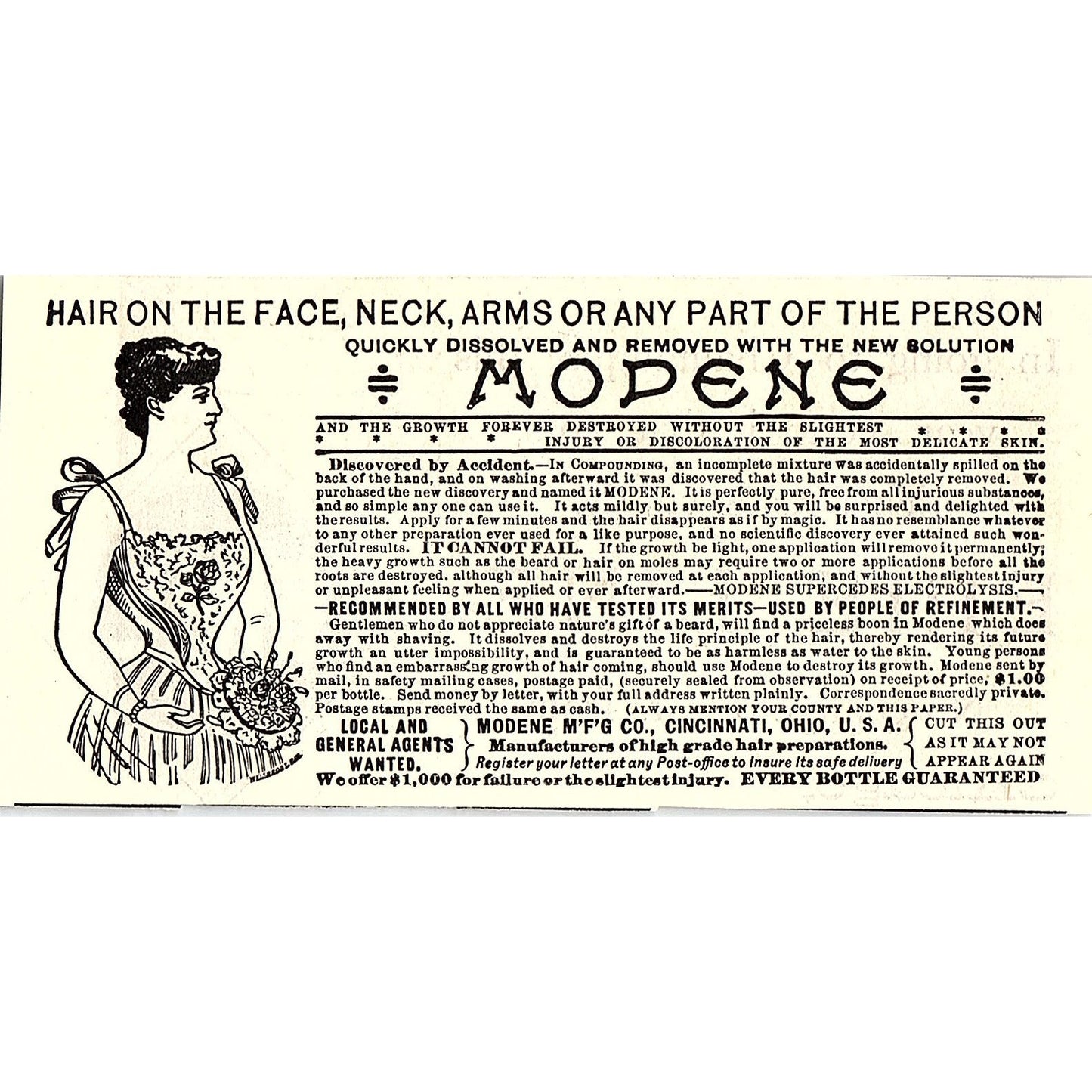 Modene Hair Removal Modene Mfg Co Cincinnati 1892 Ad AG2-M20