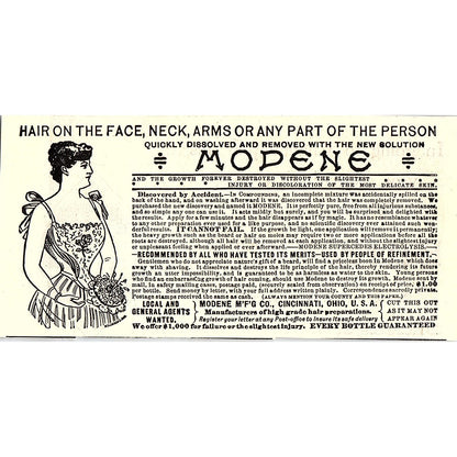 Modene Hair Removal Modene Mfg Co Cincinnati 1892 Ad AG2-M20