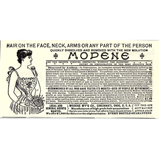 Modene Hair Removal Modene Mfg Co Cincinnati 1892 Ad AG2-M20