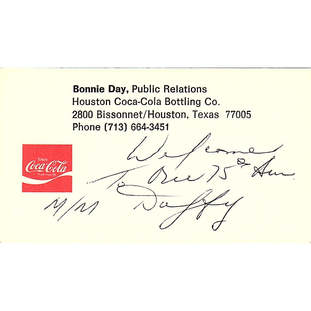 Bonnie Day Houston Coca-Cola Bottling Co Houston Vintage Business Card SD9-B6