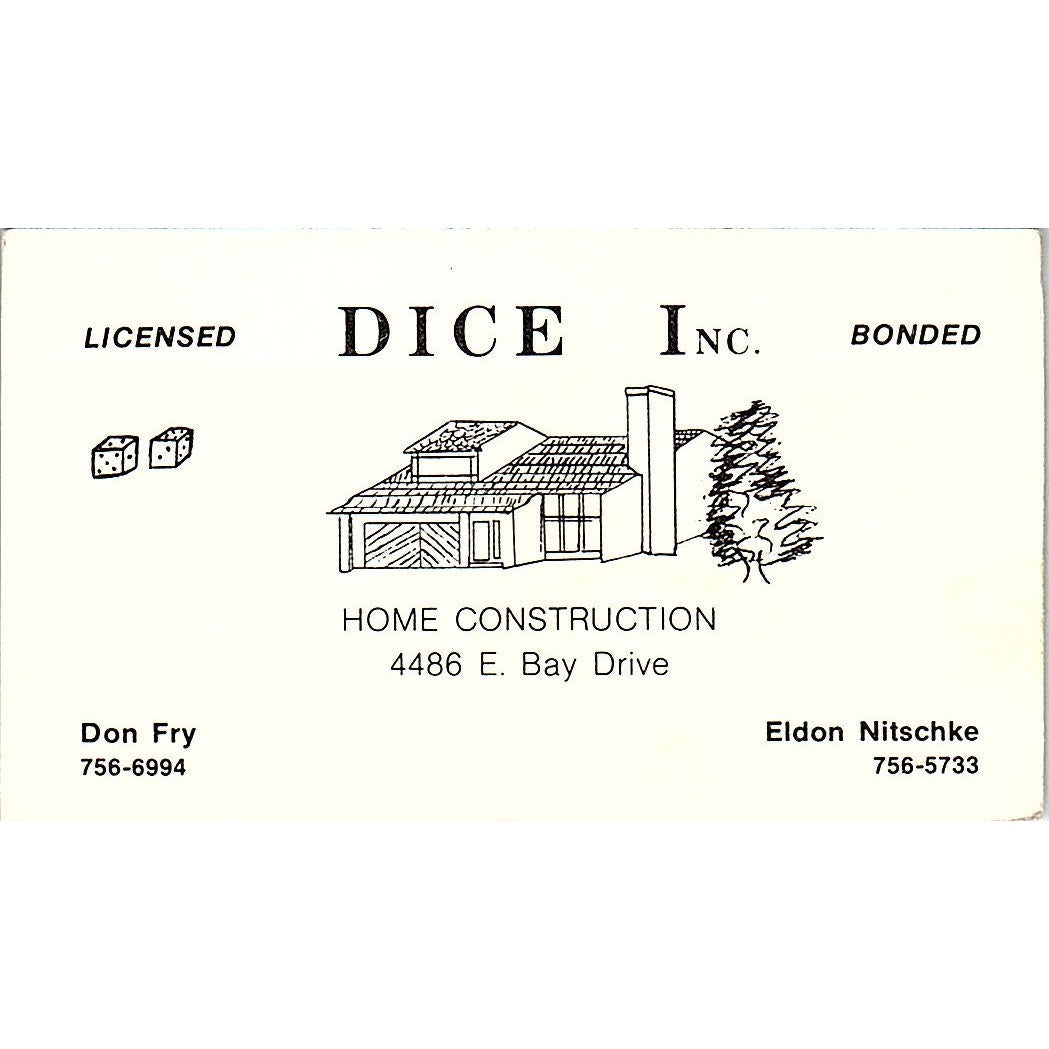 Don Fry Eldon Nitschke Dice Home Construction Port Bolivar Business Card SD9-B3