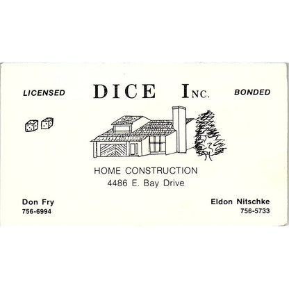 Don Fry Eldon Nitschke Dice Home Construction Port Bolivar Business Card SD9-B3
