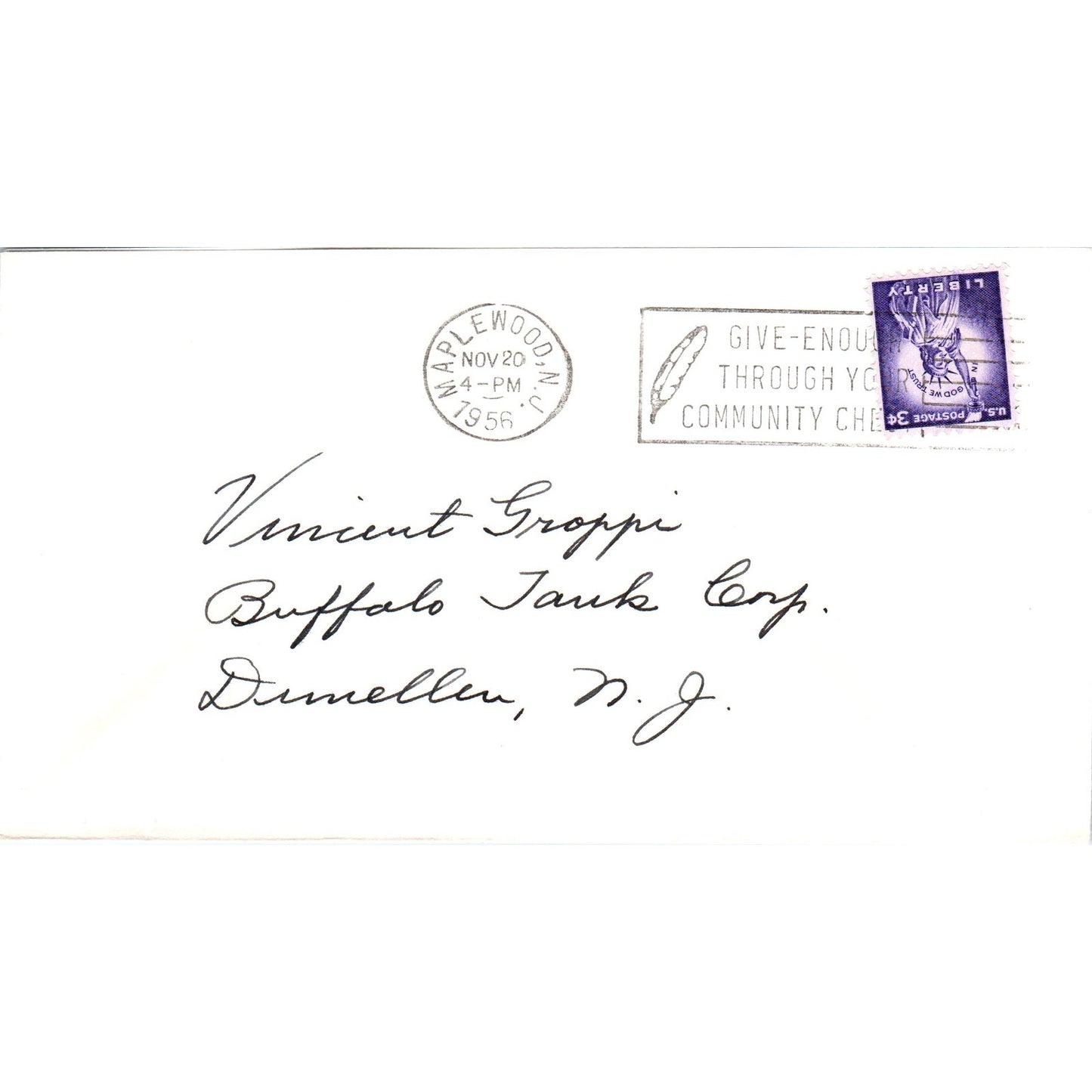 1956 Vincent Groppi Dunellen NJ to Maplewood Envelope Postal Cover TI5-PC1