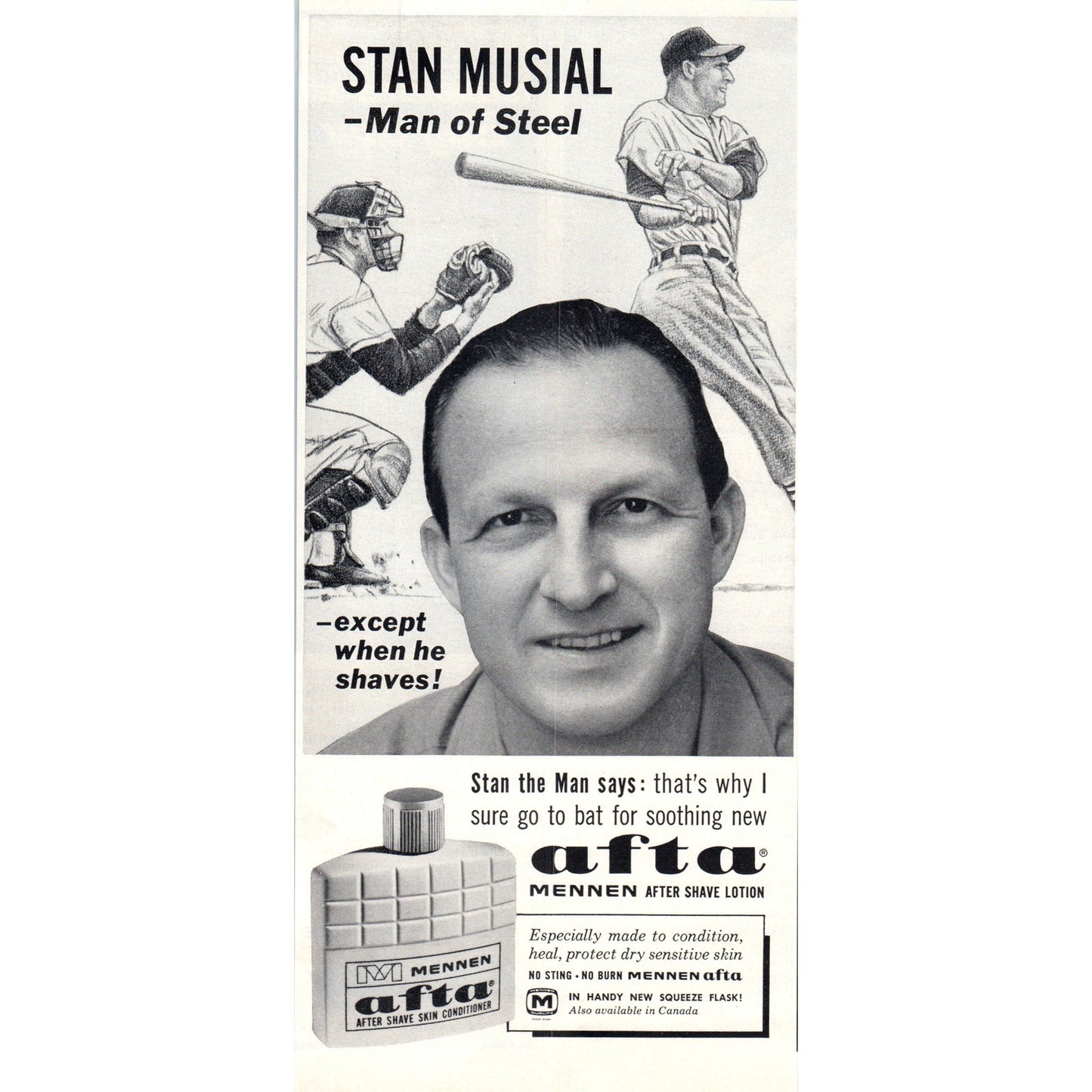 Vintage Mennen Afta Stan Musial MLB Baseball Magazine Ad 5x10" D24