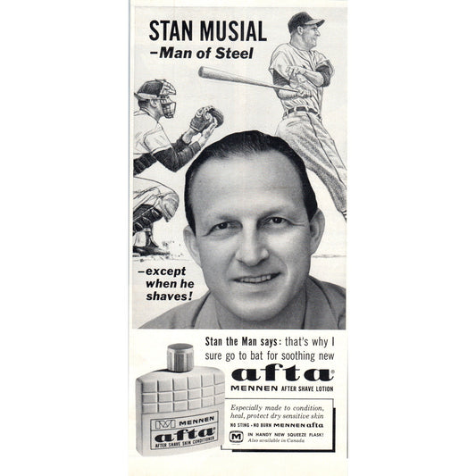 Vintage Mennen Afta Stan Musial MLB Baseball Magazine Ad 5x10" D24