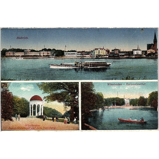 Biebrich Wiesbaden Kursaal Weiher Aussichtstempel German Antique Postcard PE9