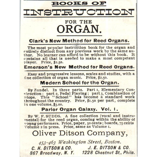 Organ Instruction Books Oliver Ditson Company Boston c1890 Victorian Ad AE8-CH6