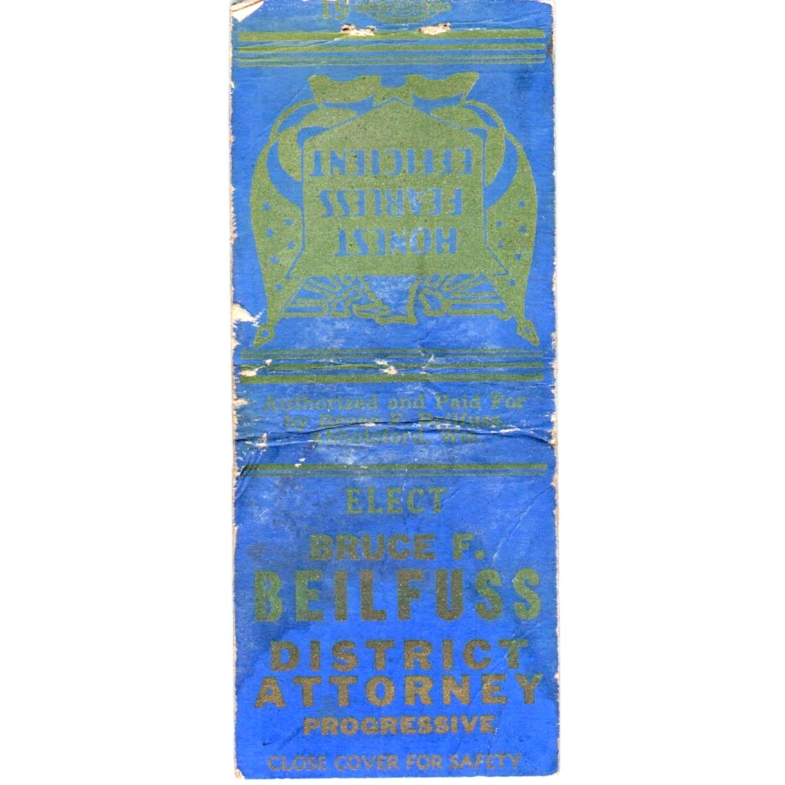 Elect Bruce F. Beilfuss District Attorney Progressive Vintage Matchbook SD2-Y6
