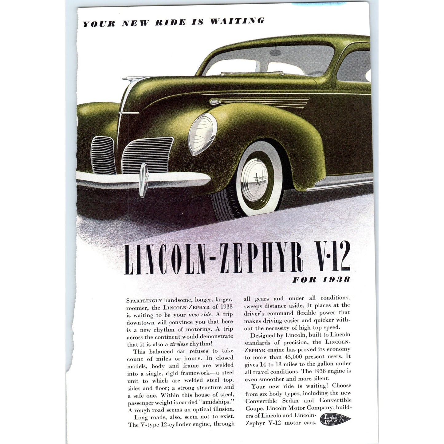 1938 Lincoln Zephyr V12 Olive Green Automobile Car - Vintage Magazine Ad D20