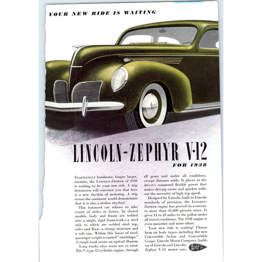 1938 Lincoln Zephyr V12 Olive Green Automobile Car - Vintage Magazine Ad D20