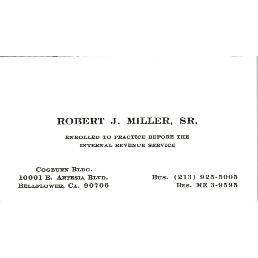 Robert J. Miller Sr CPA Bellflower CA Vintage Business Card SD8-B9