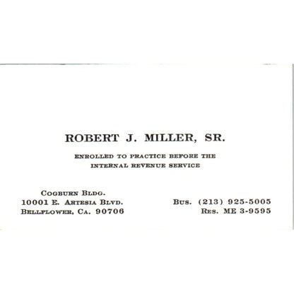 Robert J. Miller Sr CPA Bellflower CA Vintage Business Card SD8-B9