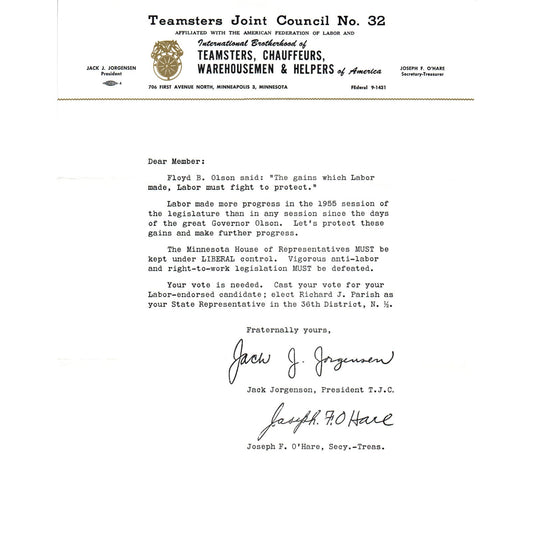 1955 Teamsters Joint Council No. 32 Political Leaflet Minneapolis MN D9