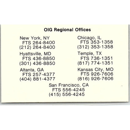 OIG-USDA Investigations Washington DC Vintage Business Card SC9-B4