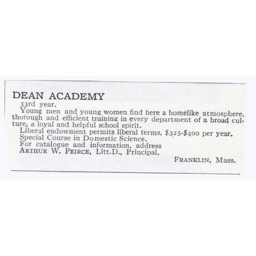 Dean Academy Arthur W. Peirce Franklin MA c1918 Original Advertisement AE5-SA8