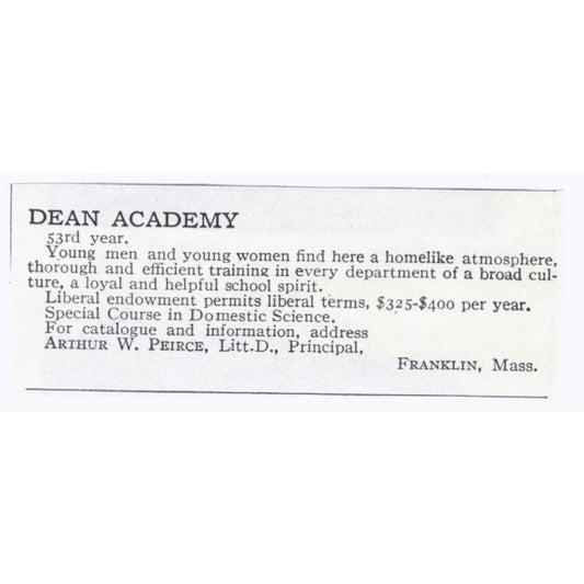 Dean Academy Arthur W. Peirce Franklin MA c1918 Original Advertisement AE5-SA8