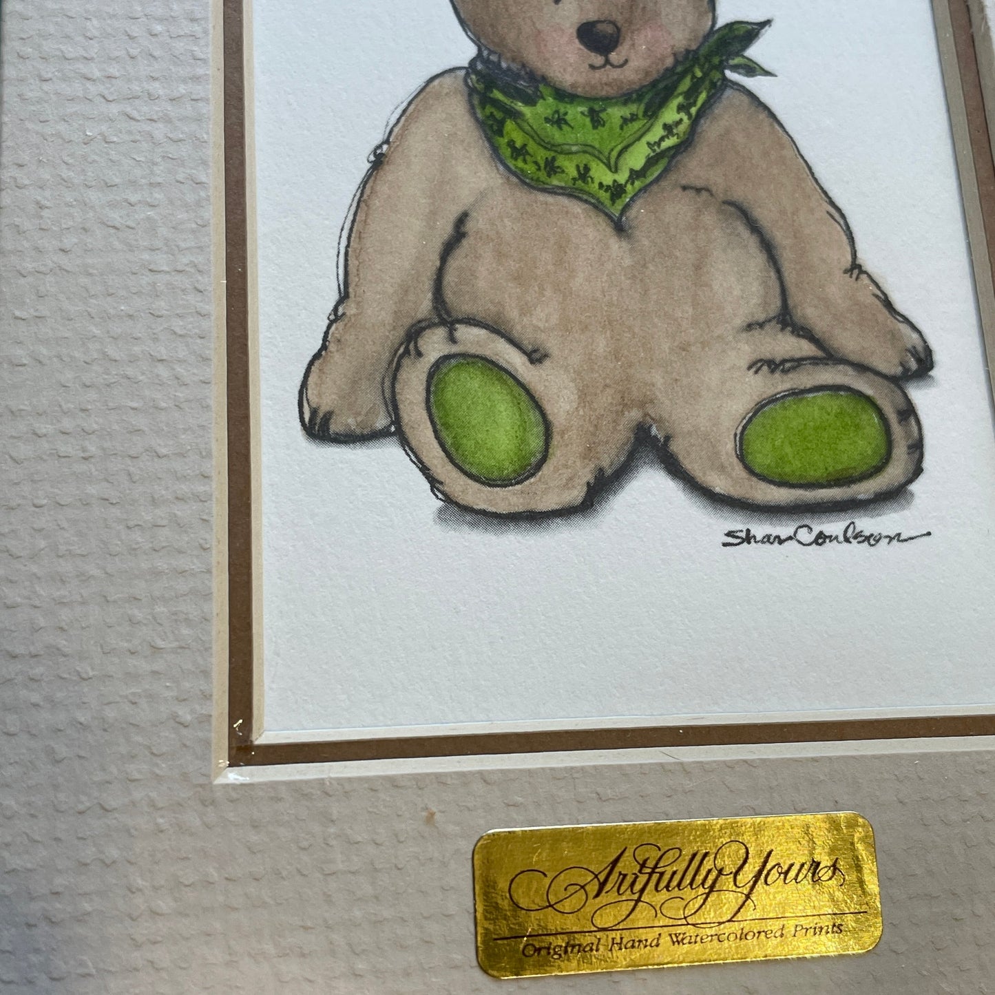 Teddy Bear Green Accents 5x7 Matted Print Hand Watercolor, Signed Shar Coulson