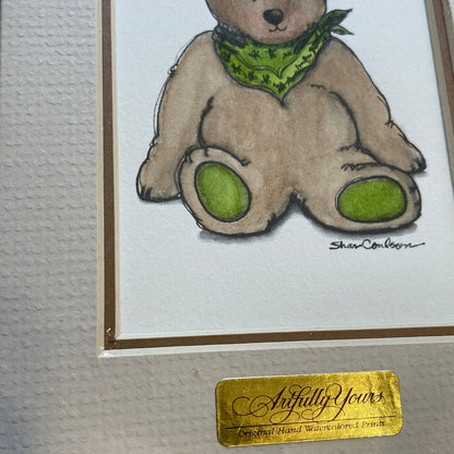 Teddy Bear Green Accents 5x7 Matted Print Hand Watercolor, Signed Shar Coulson