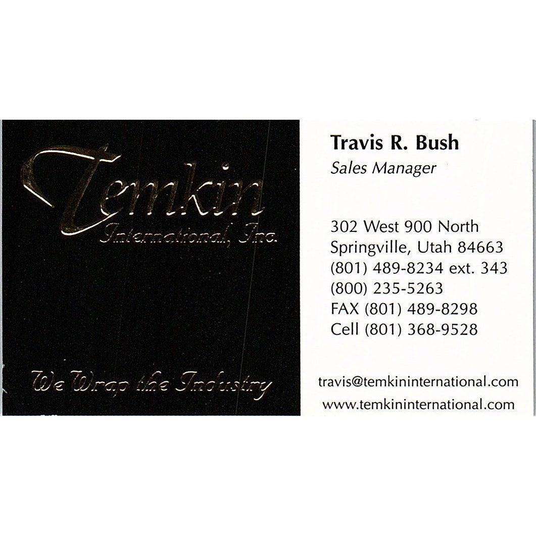 Travis R Bush Temkin International Springville Utah Vintage Business Card SC9-B8