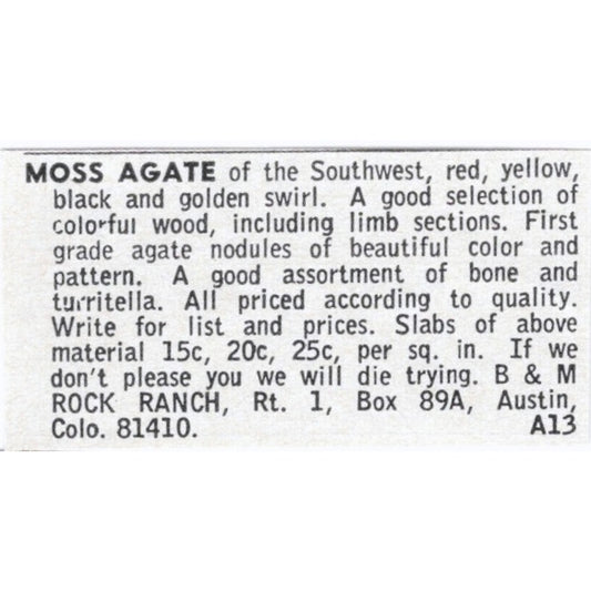 B&M Rock Ranch Moss Agate Austin Colorado 1964 Magazine Ad AK6-S8