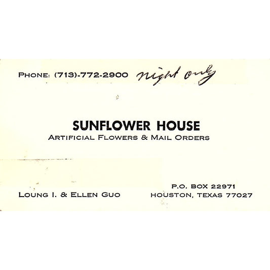Sunflower House Artificial Flowers Loung I & Ellen Guo TX Business Card SF3-B8