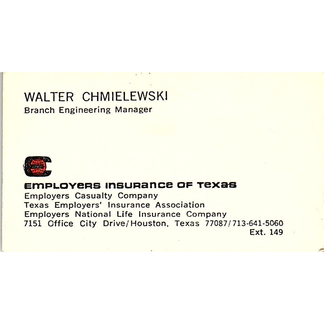 Walter Chmielewski Employers Ins of Texas Houston Vintage Business Card SD9-B6