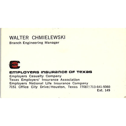 Walter Chmielewski Employers Ins of Texas Houston Vintage Business Card SD9-B6