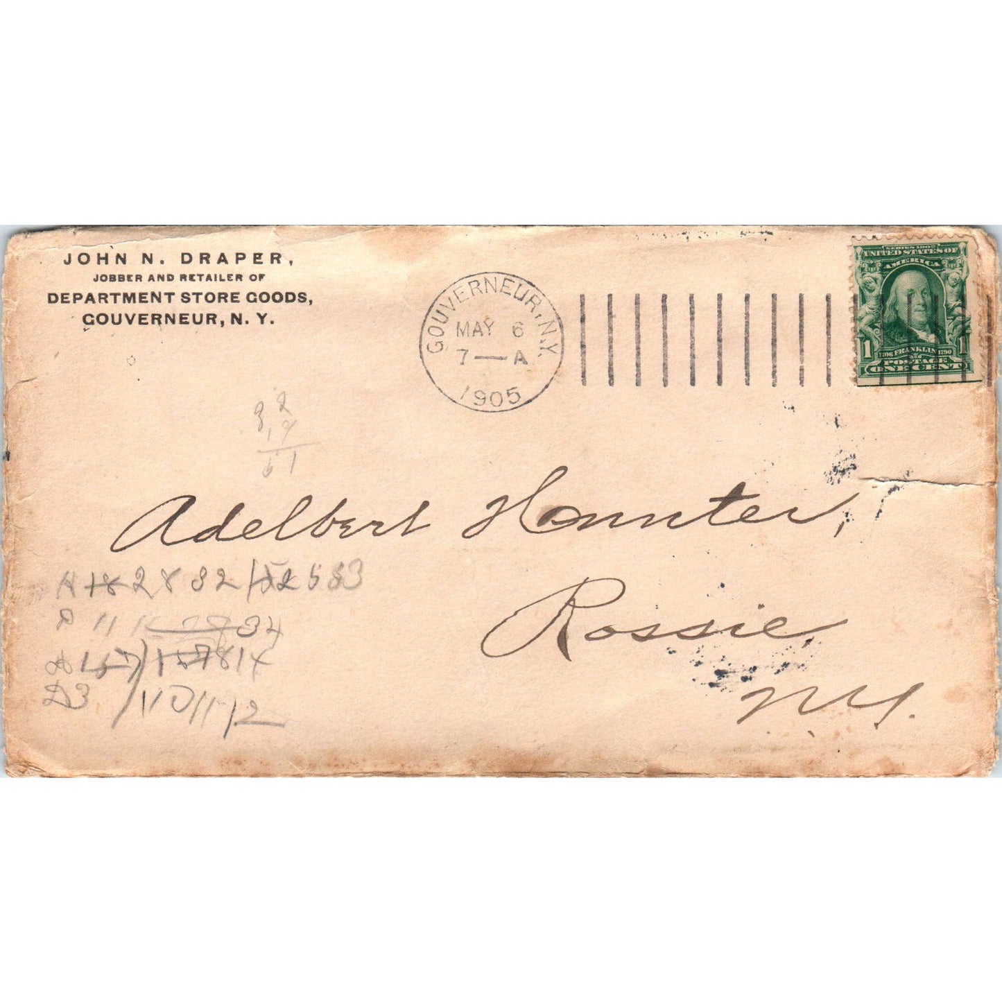 1905 John N. Draper Department Store Goods Gouverneur Postal Cover Envelope AE6