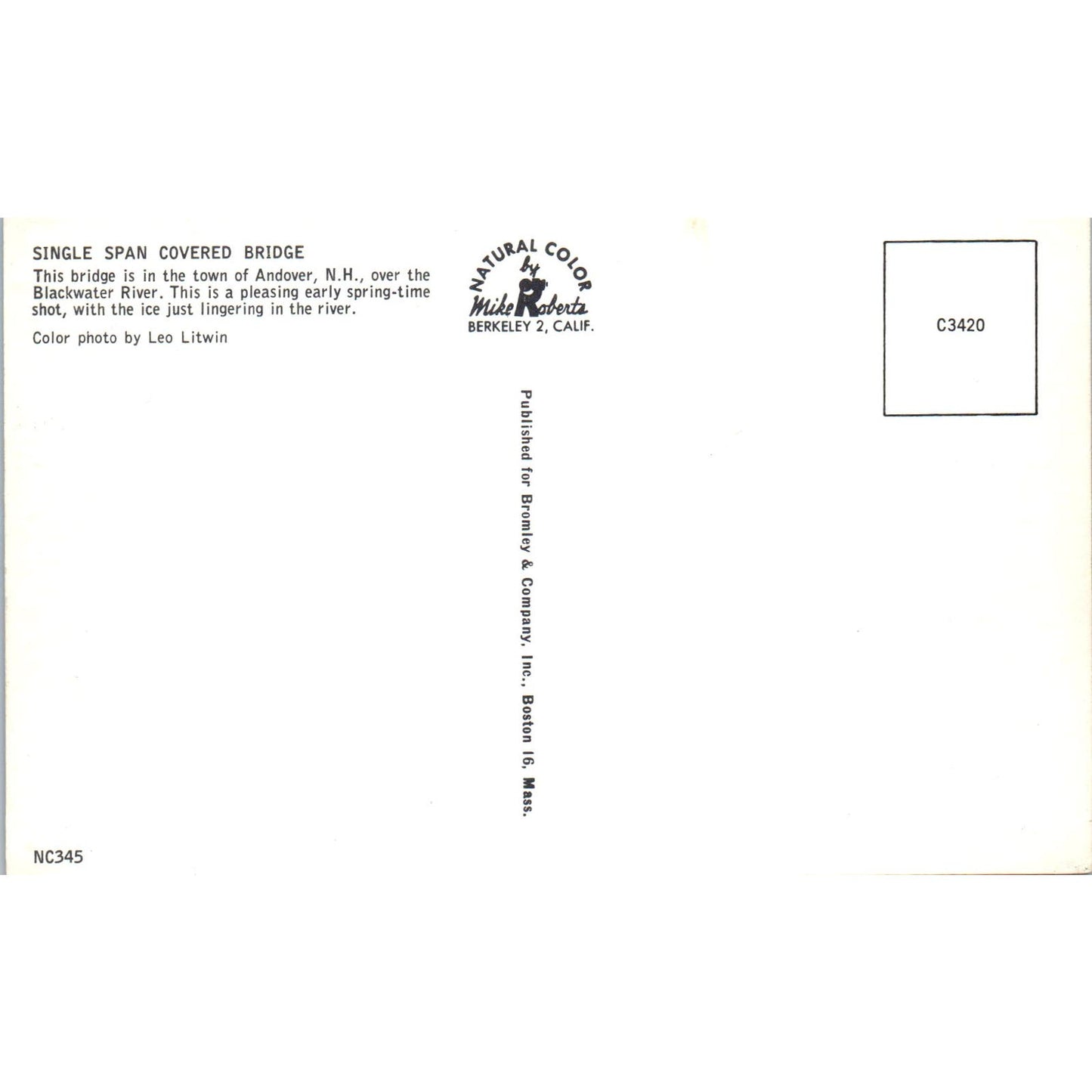 Single Span Bridge Andover New Hampshire Covered Bridge Postcard PB12