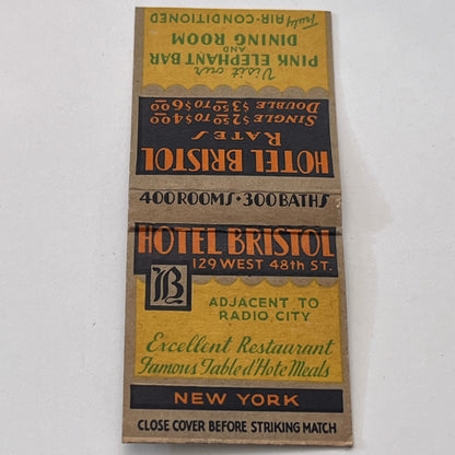 Hotel Bristol Pink Elephant Bar Radio City NY Vintage Matchbook Cover MM2-8