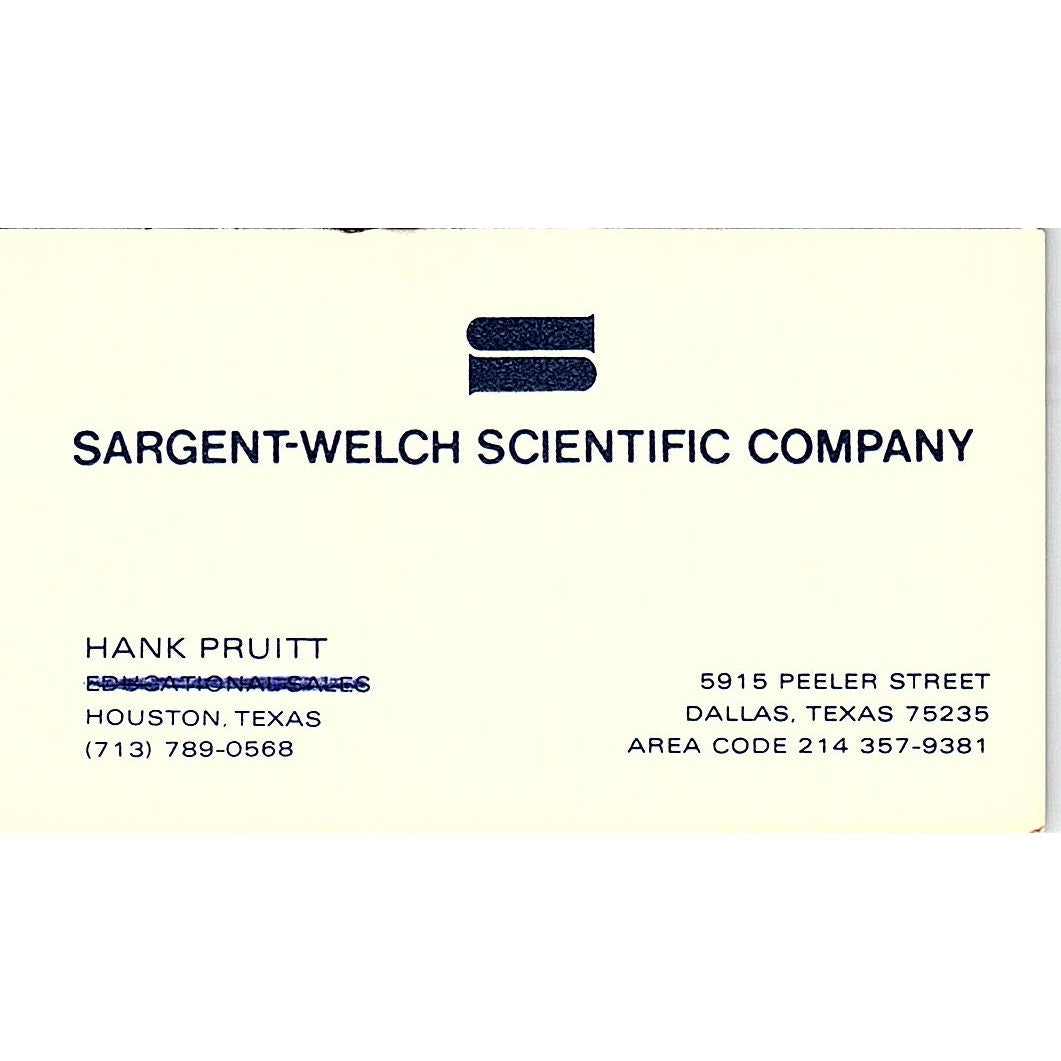 Sargent-Welch Scientific Company Hank Pruitt Houston Texas Business Card SB4-B2