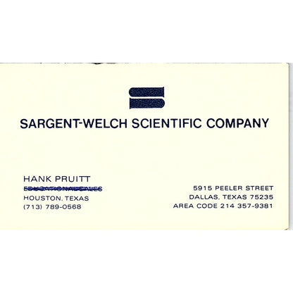 Sargent-Welch Scientific Company Hank Pruitt Houston Texas Business Card SB4-B2