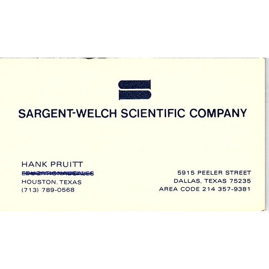 Sargent-Welch Scientific Company Hank Pruitt Houston Texas Business Card SB4-B2