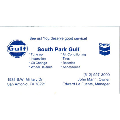 South Park Gulf Oil John Mann Edward La Fuente San Antonio Business Card SD8-B21