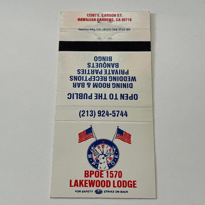 BPOE 1750 Lakewood Lodge Hawaiian Gardens CA Vintage Matchbook Cover TB6-MB1-14