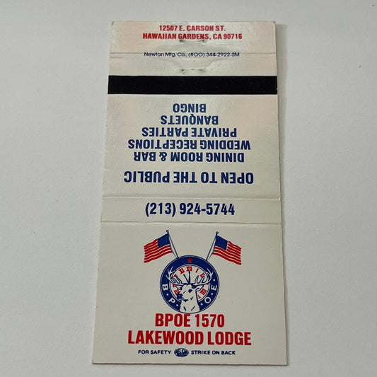 BPOE 1750 Lakewood Lodge Hawaiian Gardens CA Vintage Matchbook Cover TB6-MB1-14