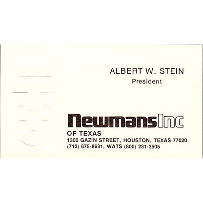 Newmans Inc Albert W Stein Houston Texas Vintage Business Card SB4-B9