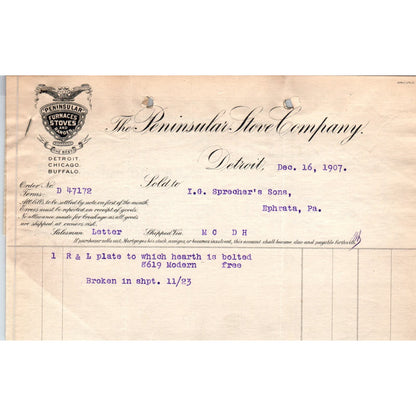 1907 The Peninsular Stove Company Detroit MI Letterhead Billhead Receipt D11